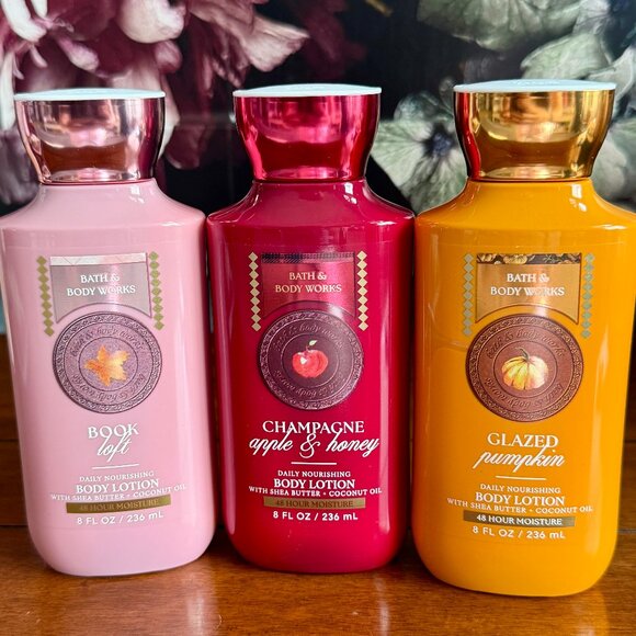 NEW 3-Pc BBW Body Lotion Book Loft, Champagne Apple & Honey, & Glazed Pumpkin - Picture 1 of 3